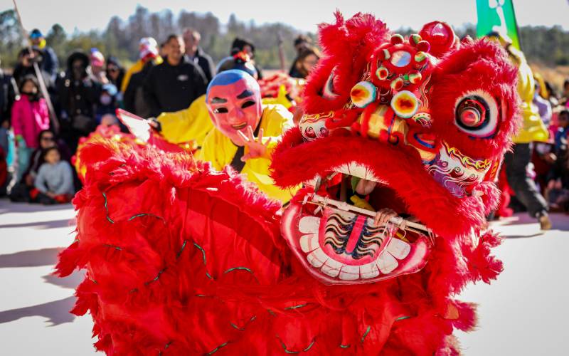 Traditional red lion dance during Chinese New Year in Malaysia