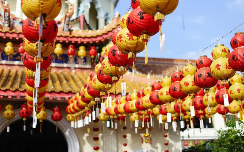 Chinese lanterns hanging at a temple in Malaysia for New Year celebrations