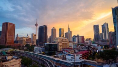 Kuala Lumpur city skyline at sunset with modern skyscrapers and KL Tower, Malaysia